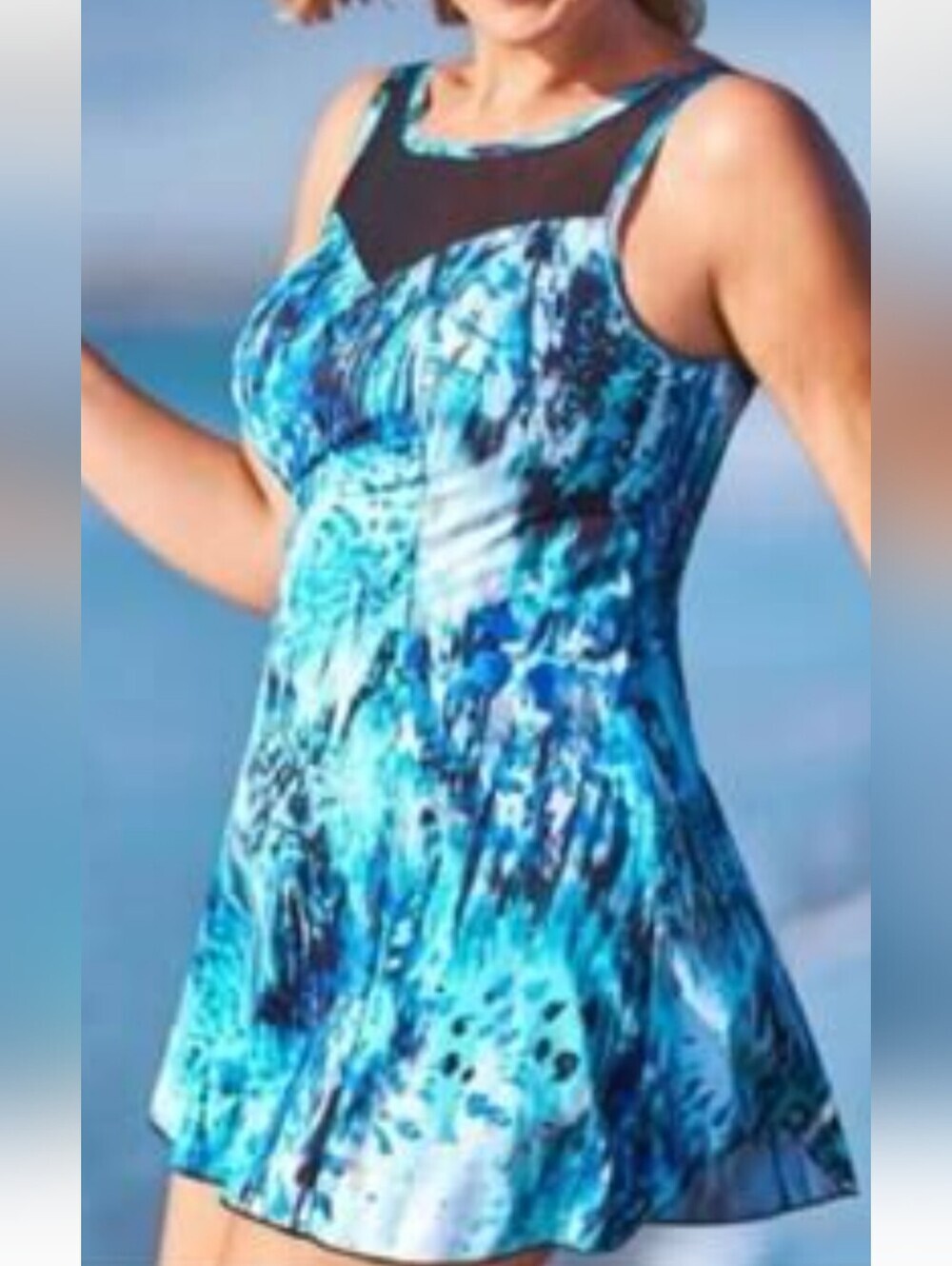 SWIMSUITS FOR ALL Blue Abstract Print Swimdress with Black Mesh Yoke Size 18W